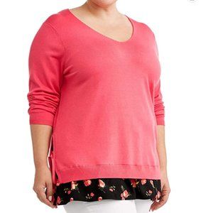 Terra & Sky Women's Plus Size Layered Sweater with Side Ties (Coral Punch, 3X)